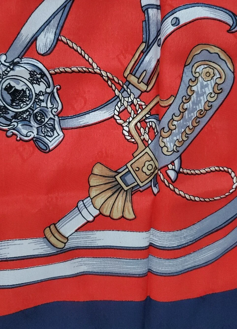 Vintage Christian Dior Silk Scarf Equestrian Hunting Weapon Motif Red Navy Blue